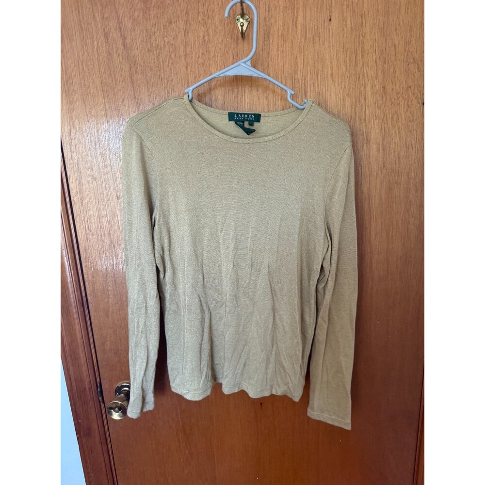 Lauren Ralph Lauren Womens L Gold Metallic Shimmer Long Sleeve Top Rayon